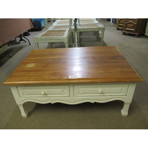 325 - Painted base pine coffee table with 2 drawers.   H:40cm, Top:100cm x 70cm.