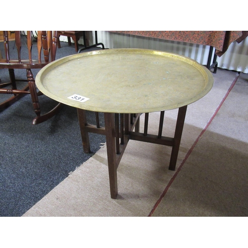 331 - Brass top coffee table on Oak base. Top engravings depicting scenes from Egyptian Mythology. H:51cm,... 