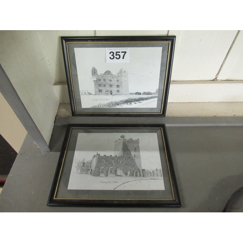 357 - 2 Castle pencil drawing prints.