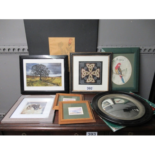 392 - Lot of assorted prints, mirror etc.