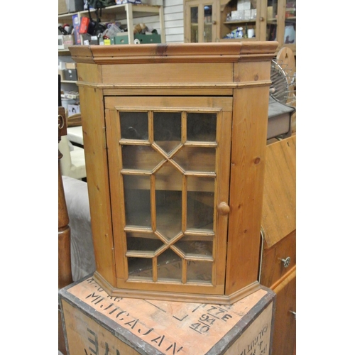 414 - A pine corner wall display cabinet.