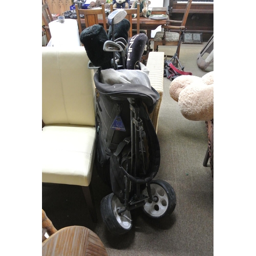 419 - A golf bag with various clubs.