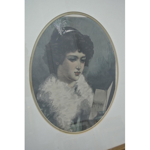 103 - An antique framed coloured print showing a woman with opera programme.

Untitled.

Measures 64x56cm.