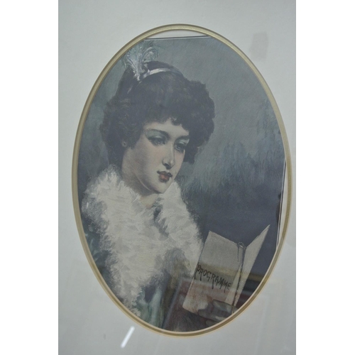 103 - An antique framed coloured print showing a woman with opera programme.

Untitled.

Measures 64x56cm.