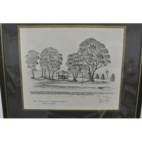 112 - A pair of framed original pen & ink drawings with Golfing Interest.

Titled 'Clubhouse from the Eigh... 