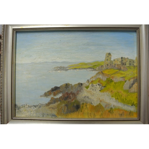 114 - An original framed oil on board painting of a coastal scene with Castle ruins.

Untitled.

Measures ... 