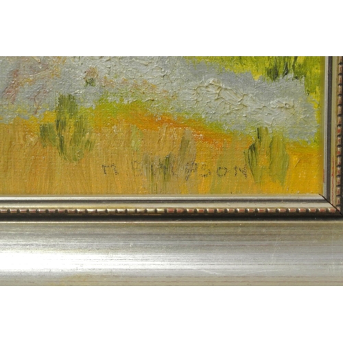 114 - An original framed oil on board painting of a coastal scene with Castle ruins.

Untitled.

Measures ... 