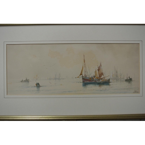 117 - An original framed Watercolour painting of fishing boats.

Untitled.

Measures 53x29cm.

Signed J Hi... 