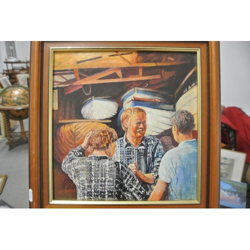 118 - An original framed oil on board painting by Irish Artist, Vincent O'Brien.

Titled 'Boat Builders'.
... 