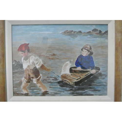 123 - An original framed oil on board painting.

Titled 'Having fun on the river by the shore'.

Measures ... 