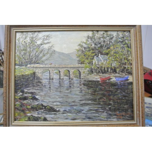 129 - An original framed oil on board  painting of a river scene.

Untitled.

Measures 52x42cm.

Signed & ... 