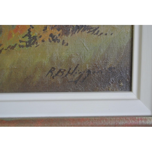 13 - An original framed oil on canvas painting by Irish Artist, Robert B Higgins.

Showing ducks over a r... 