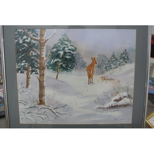 132 - An original framed Watercolour painting of a deer in snow.

Untitled.

Measures 60x51cm.

Sigend Pea... 