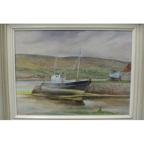 135 - An original framed oil on board painting by Irish Artist, Dennis Osborne.

Titled 'Trawler at Dunfan... 