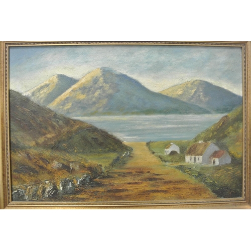 138 - An original framed oil on board landscape painting showing a tradition Irish scene.

Untitled.

Meas... 