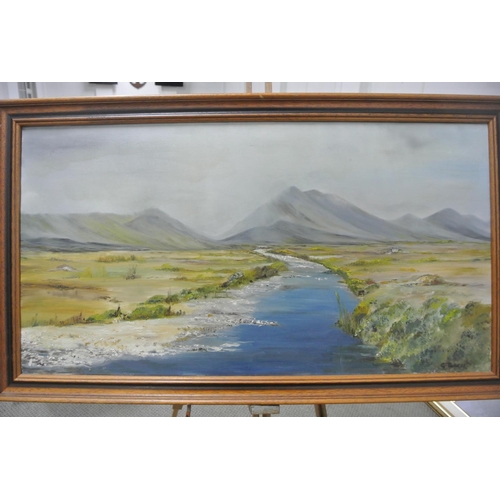 139 - An original framed oil on canvas river scene with mountains in background.

Untitled.

Measures 84x4... 