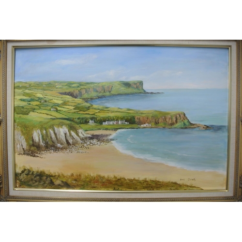 156 - A large original framed oil on board coastal painting.

Titled 'White Park Bay'.

Measures 90x65cm.
... 