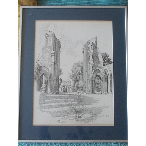 175 - Nelly Erichsen 1862 - 1918. Original pen and ink drawing of Galstonbury Cathederal. Framed and glaze... 