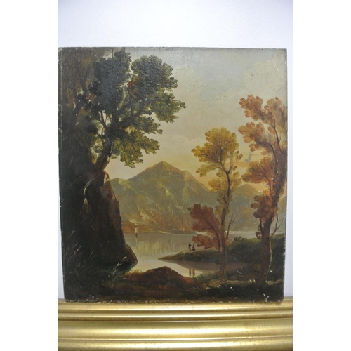 68 - An original antique oil on wood panel painting with river scene & mountains in background.

Untitled... 