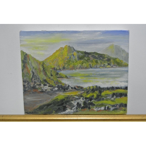 69 - An original oil on canvas landscape painting of coastal scene with mountains in background.

Untitle... 