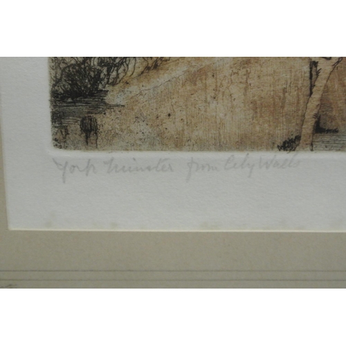 74 - An antique framed limited edition original etching.

Titled 'York Minister from City Walls'.

Measur... 