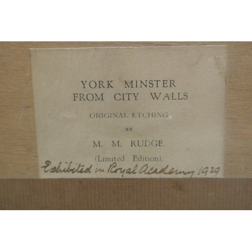 74 - An antique framed limited edition original etching.

Titled 'York Minister from City Walls'.

Measur... 