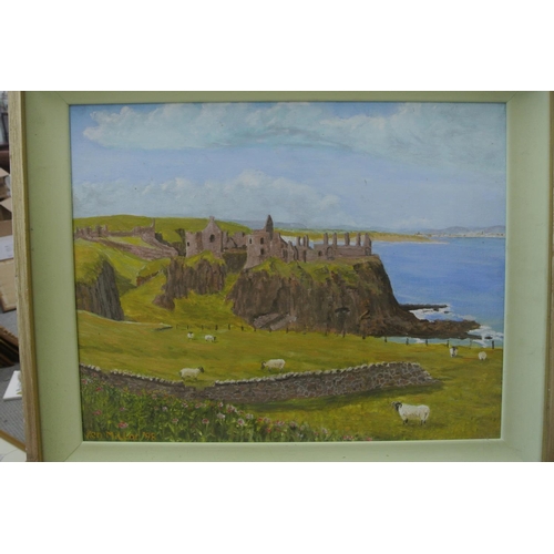 77 - An original framed acrylic on board painting.

Titled 'Dunluce Castle, Portrush'.

Measures 61x51cm.... 