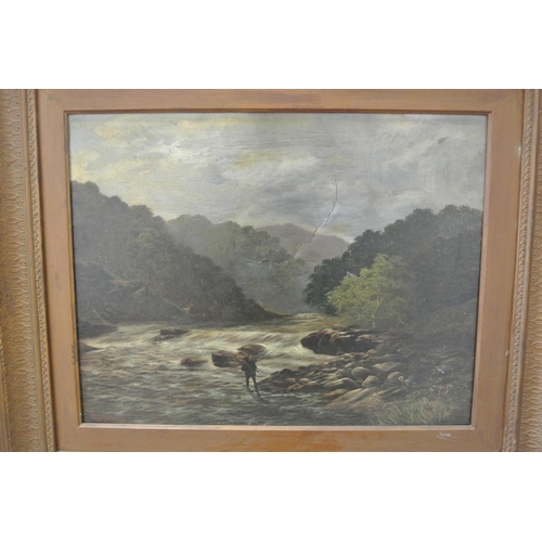 78 - An original framed oil on canvas painting with river fishing scene, by British Artist, Henry Thomas ... 