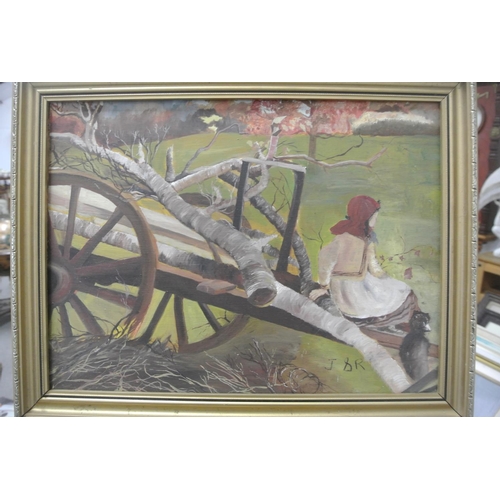 90 - An original framed oil on board painting.

Titled 'Woman & Cart, Co Mayo'.

Measures 35x46cm.

Signe... 