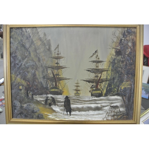 94 - An original framed fantasy painting showing pirates.

Titled 'Smugglers Bay'.

Measures 68x54cm.

Si... 