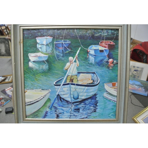 98 - An original framed oil on board painting by Irish Artist, Vincent O'Brien.

Titled 'The Punt'.

Meas... 