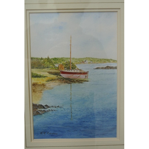 99 - An original framed watercolour painting of a yacht on river bank.

Untitled.

Measures 238x48cm.

Si... 