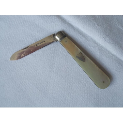 206 - An antique silver & mother of pearl handle fruit knife, clearly marked for Villiers & Jackson, Birmi... 