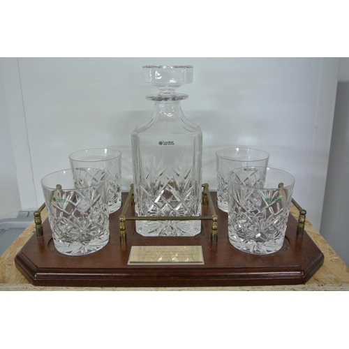 252 - A stunning Galway Crystal decanter & 4 glass presentation set on wooden tray.