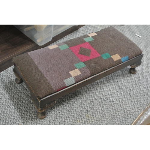 97 - A vintage footstool with tapestry/ needlepoint top.