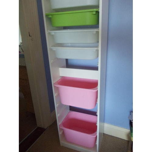 219 - A white free standing storage unit with removable baskets. Measures approx 71