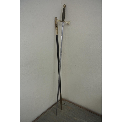 66 - An antique/ vintage Masonic sword with brass hilt/ handle & original leather scabbard.