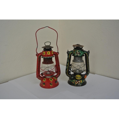 88 - 2 vintage hand painted 'Gypsy' hurricane lanterns.