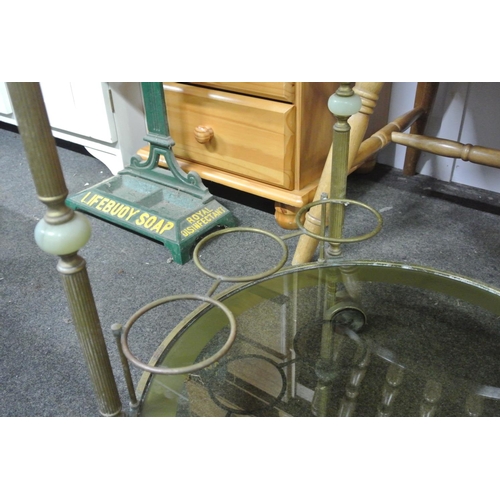 230 - A vintage/ retro circular brass & glass drinks trolley.