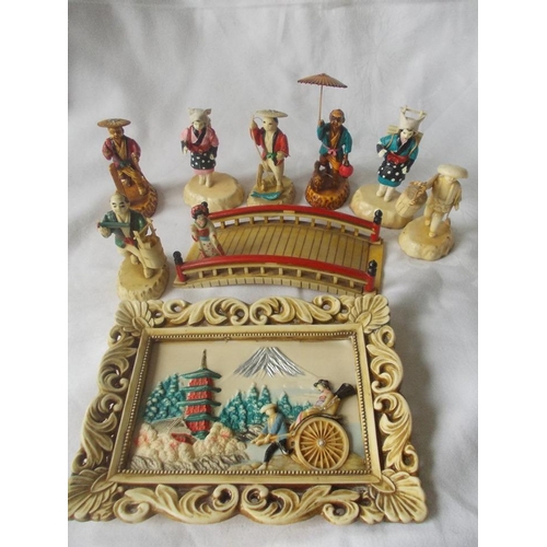 442 - A set of vintage Japanese faux ivory figures, framed decorative picture and one figure on a bridge. ... 