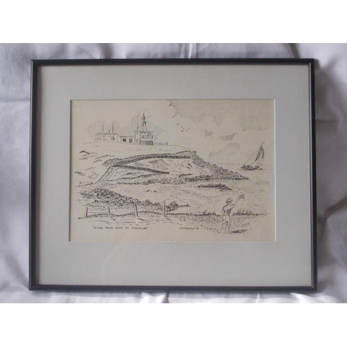 443 - An original pen and ink drawing by local artist Maurice McAleese, titled Come Back Soon to Portrush