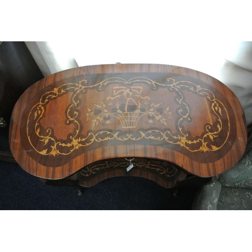 118 - A large antique style kidney shaped occasional table with drawer & decorative inlaid design.