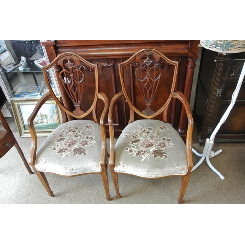 252 - A stunning pair of antique shield back chairs with inlaid design & decorative splats.