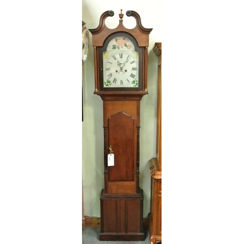 414 - A stunning antique mahogany cased grandfather clock with hand painted dial.