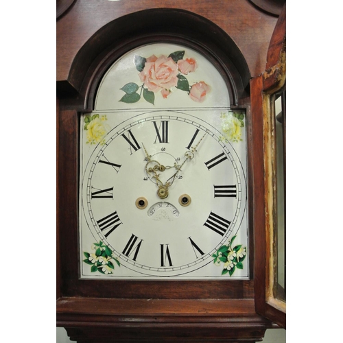 414 - A stunning antique mahogany cased grandfather clock with hand painted dial.