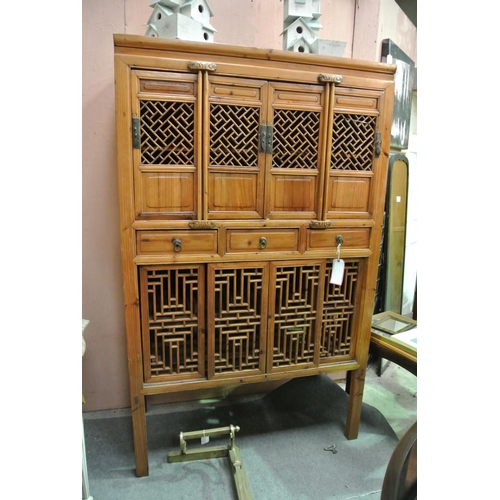 439 - A stunning Chinese/ Oriental Provincial area wooden kitchen cabinet with latice work doors & drawers... 