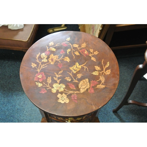 91 - An antique style circular topped occasional/ telephone table with decorative design & 3 drawers.