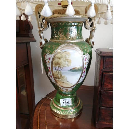 243 - A stunning ceramic Noritake table lamp with painted panels & shade.