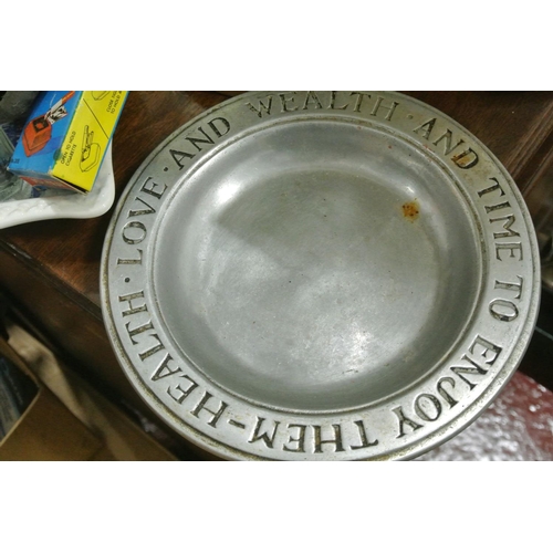 191 - A Small Lot of Collectibles to include Two Pewter Plates stamped Wilton Columbia USA and other Ink B... 