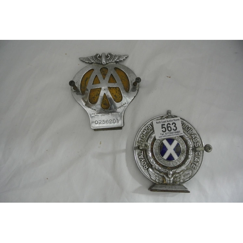 563 - A vintage car AA grille badge, along with a Royal Scottish Automobile Club grille badge.